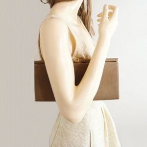 Beige Clutch Faux Lizard Hard Shell Frame Purse